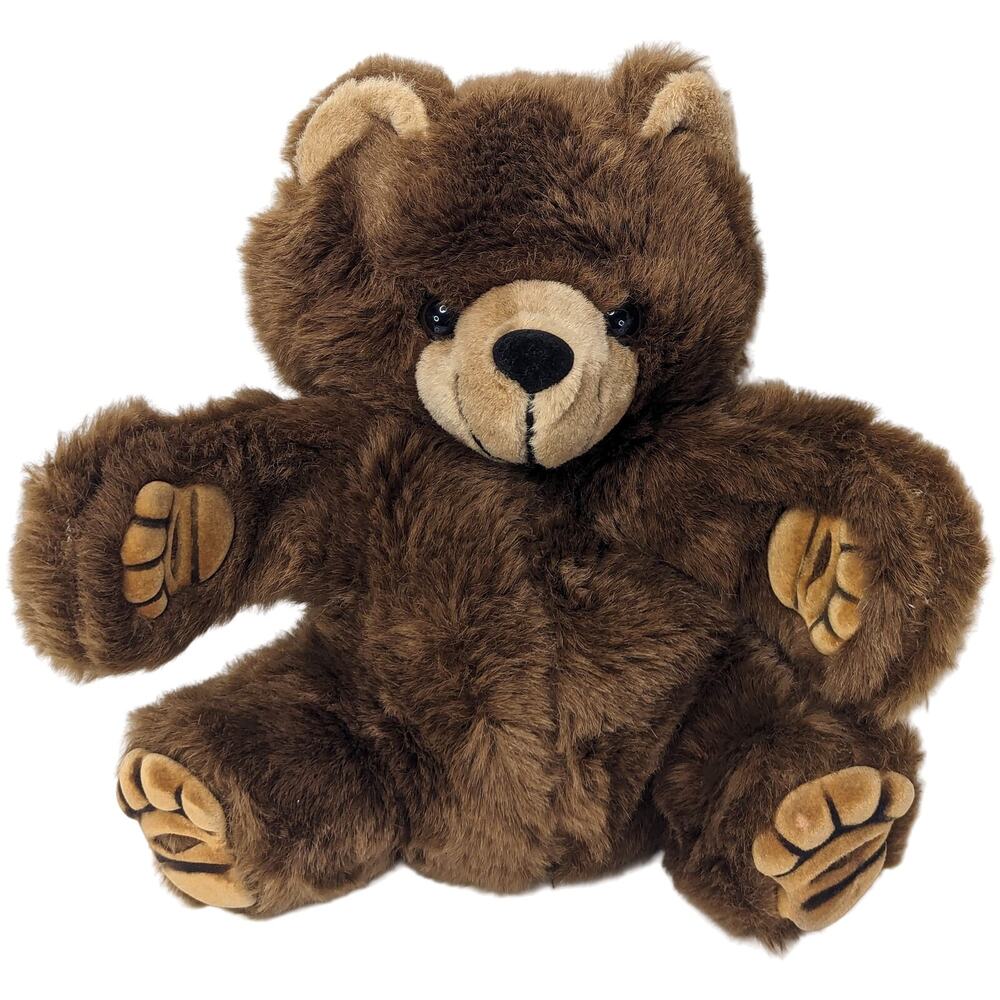Vintage Brown Teddy Bear Hand Puppet Plush Realistic Hard Suede Paws Stuffed 10"